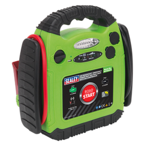 A green Sealey RoadStart® Emergency Jump Starter with Air Compressor 12V 900 Peak Amps, model number RS1322HV, featuring cables, LED battery condition indicator lights, and a control panel.