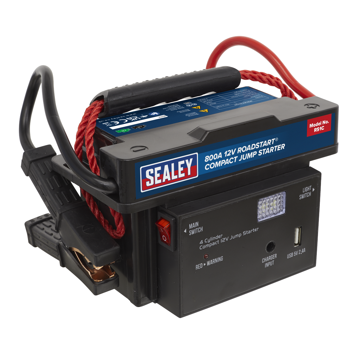 A Sealey RoadStart® Compact Jump Starter 12V 900 Peak Amps (RS1C) featuring attached clamps, an LED light, a USB port, and a charge indicator.