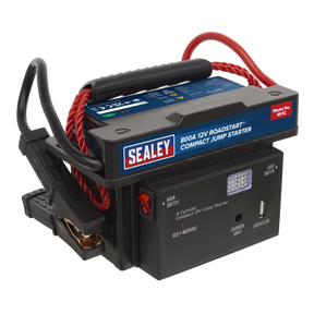 A Sealey RoadStart® Compact Jump Starter 12V 900 Peak Amps (RS1C) featuring attached clamps, an LED light, a USB port, and a charge indicator.