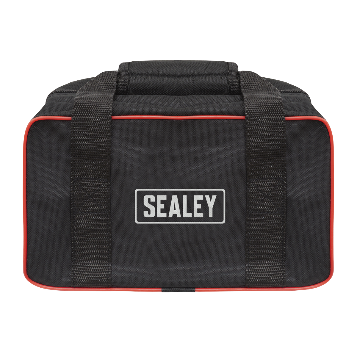 The Sealey RoadStart® Compact Jump Starter 12V 900A - RS1C comes with a sleek black carrying bag featuring red piping accents and two sturdy handles, perfect for transporting your jump starter. The front of the bag proudly displays the Sealey logo.