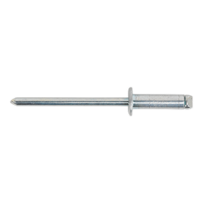 Close-up of a Sealey steel rivet with a cylindrical shaft and a standard flange, adhering to DIN 7337 specifications. This is the Steel Rivet Standard Flange 4.8 x 12mm from the RS4812 pack of 200.