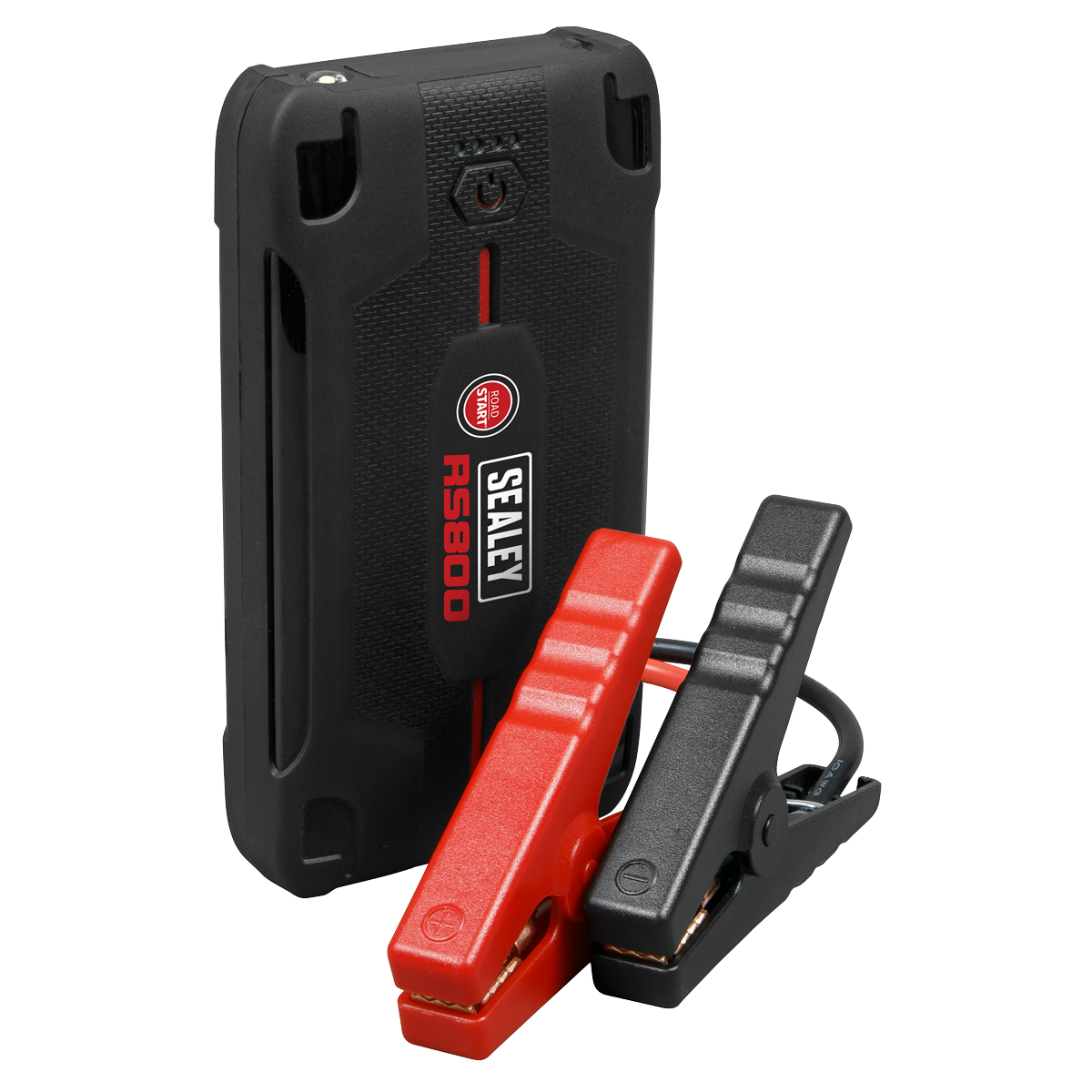 The Sealey RoadStart® 800A 12V Lithium-ion Jump Starter Power Pack - RS800 is a compact and lightweight black device, featuring an integral LED flashlight and attached red and black jumper cables.