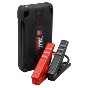 The Sealey RoadStart® 800A 12V Lithium-ion Jump Starter Power Pack - RS800 is a compact and lightweight black device, featuring an integral LED flashlight and attached red and black jumper cables.