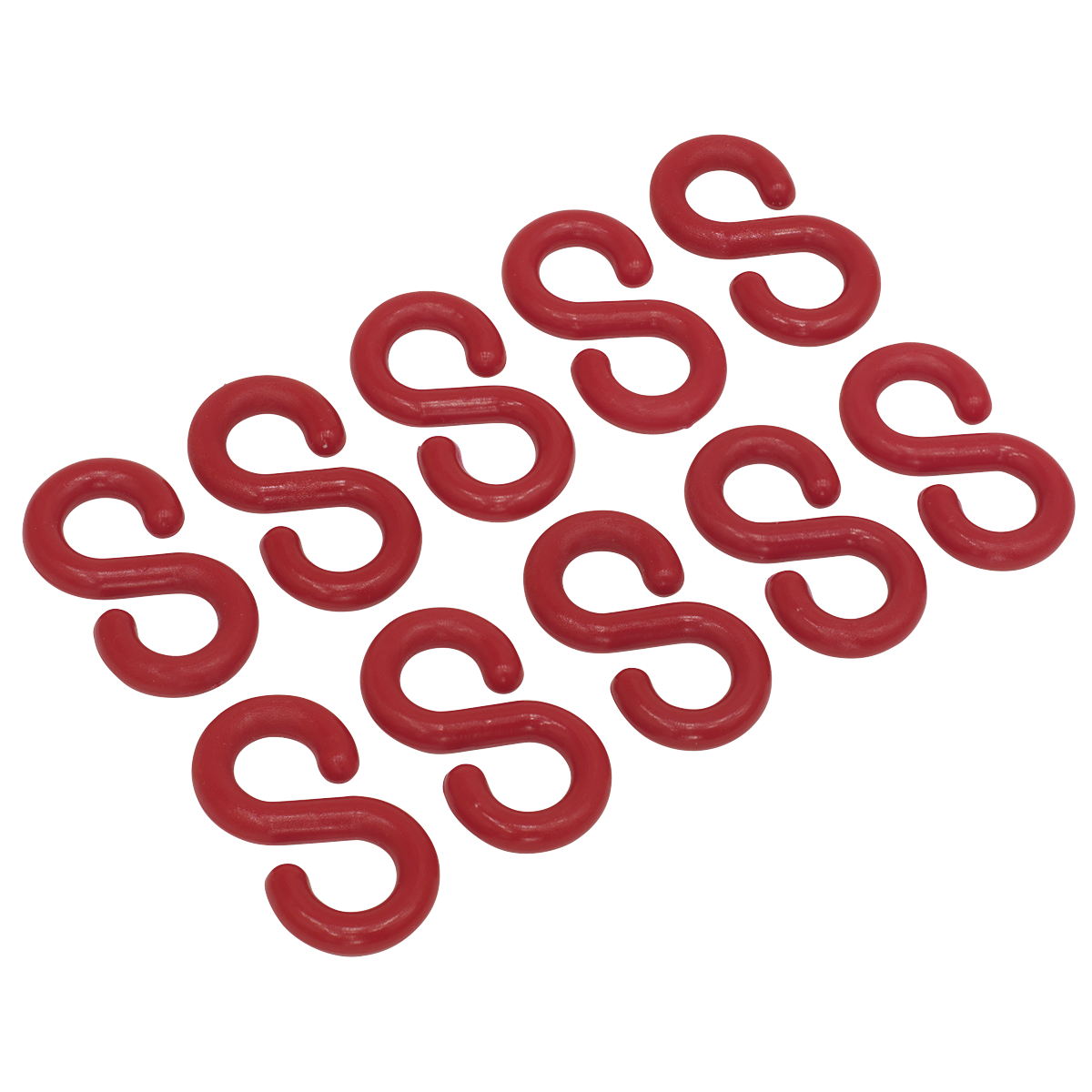 A pack of ten Sealey Plastic Chain S-Hooks (model RSH10) displayed in a grid pattern on a white background.