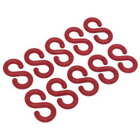 A pack of ten Sealey Plastic Chain S-Hooks (model RSH10) displayed in a grid pattern on a white background.