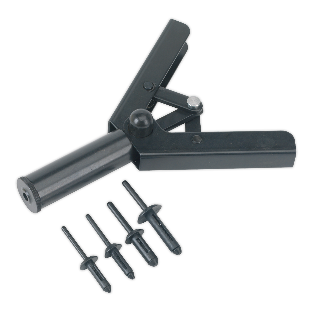 The Sealey Plastic Riveting Kit - RT001 includes a black hand rivet tool with a long handle and cylindrical body, featuring a universal nose piece, along with four black rivet heads of varying sizes arranged in a row. This kit is ideal for automotive applications and is compatible with plastic rivets.