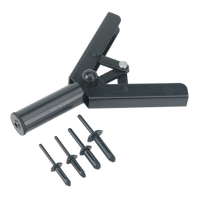 The Sealey Plastic Riveting Kit - RT001 includes a black hand rivet tool with a long handle and cylindrical body, featuring a universal nose piece, along with four black rivet heads of varying sizes arranged in a row. This kit is ideal for automotive applications and is compatible with plastic rivets.