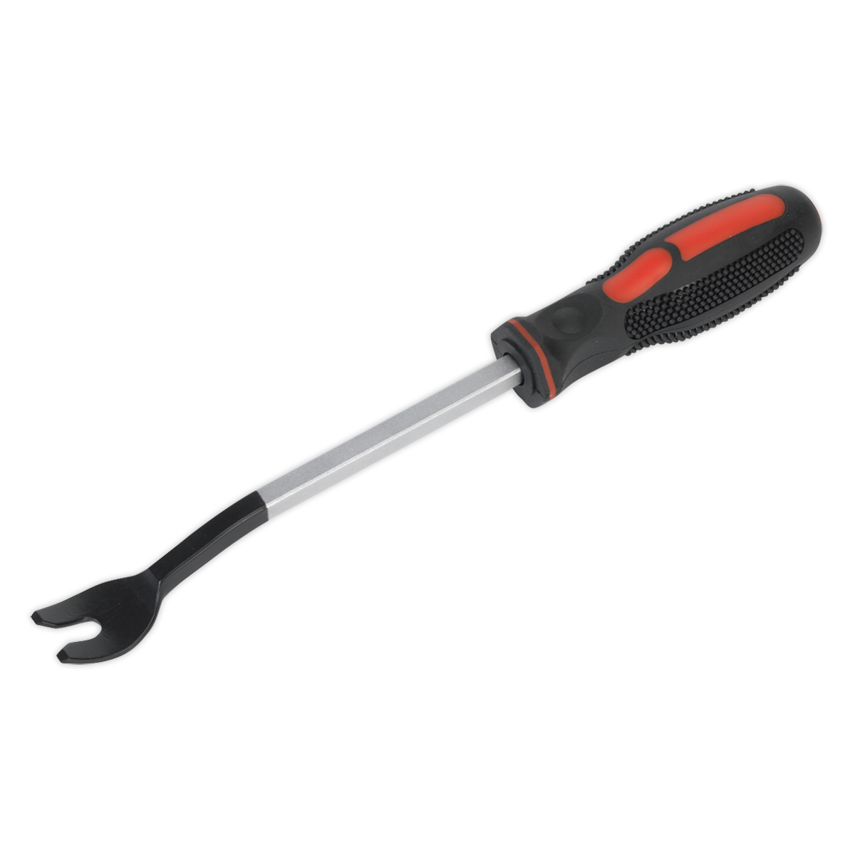 The Sealey Door Trim Clip Tool - RT007 features a black and red comfort grip handle, designed specifically for safely prying apart interior trim and door trim clips.