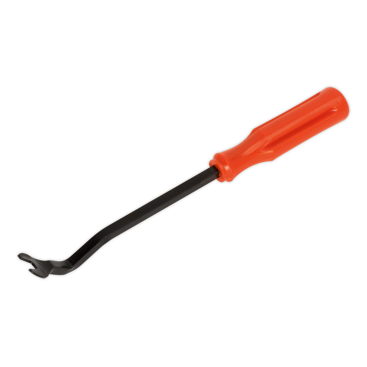 The Sealey Trim Clip Tool 220mm - RT008 is a black and orange tool featuring a curved metal blade and a plastic handle, specifically designed for prying and removing car interior panels. This versatile vehicle tool provides extra leverage, making it easier to detach stubborn trim clips without damaging the surfaces.