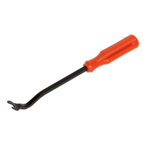 The Sealey Trim Clip Tool 220mm - RT008 is a black and orange tool featuring a curved metal blade and a plastic handle, specifically designed for prying and removing car interior panels. This versatile vehicle tool provides extra leverage, making it easier to detach stubborn trim clips without damaging the surfaces.