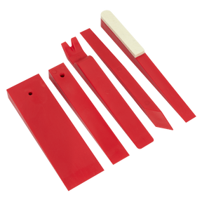 The Sealey Panel Wedge Tool Set 5pc - RT05 consists of five red plastic car trim removal tools, featuring a variety of shapes and sizes for prying and lifting mouldings.