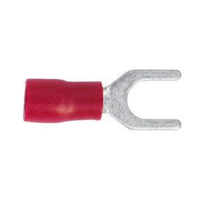 The Sealey Easy-Entry Fork Terminal Ø5.3mm (2BA) Red Pack of 100 - RT14 features a colour-coded red insulated fork terminal connector with a metal prong end, designed for electrical applications and suitable for cable sizes 22-18 AWG.