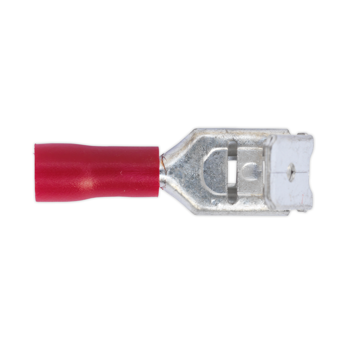 Close-up of a Sealey Piggy-Back Terminal 6.3mm Red (Pack of 100 - RT17) with a colour-coded red insulated female spade connector featuring a metal crimp on one end and a 6.3mm piggy-back terminal on the other, suitable for cable sizes 22-18 AWG.