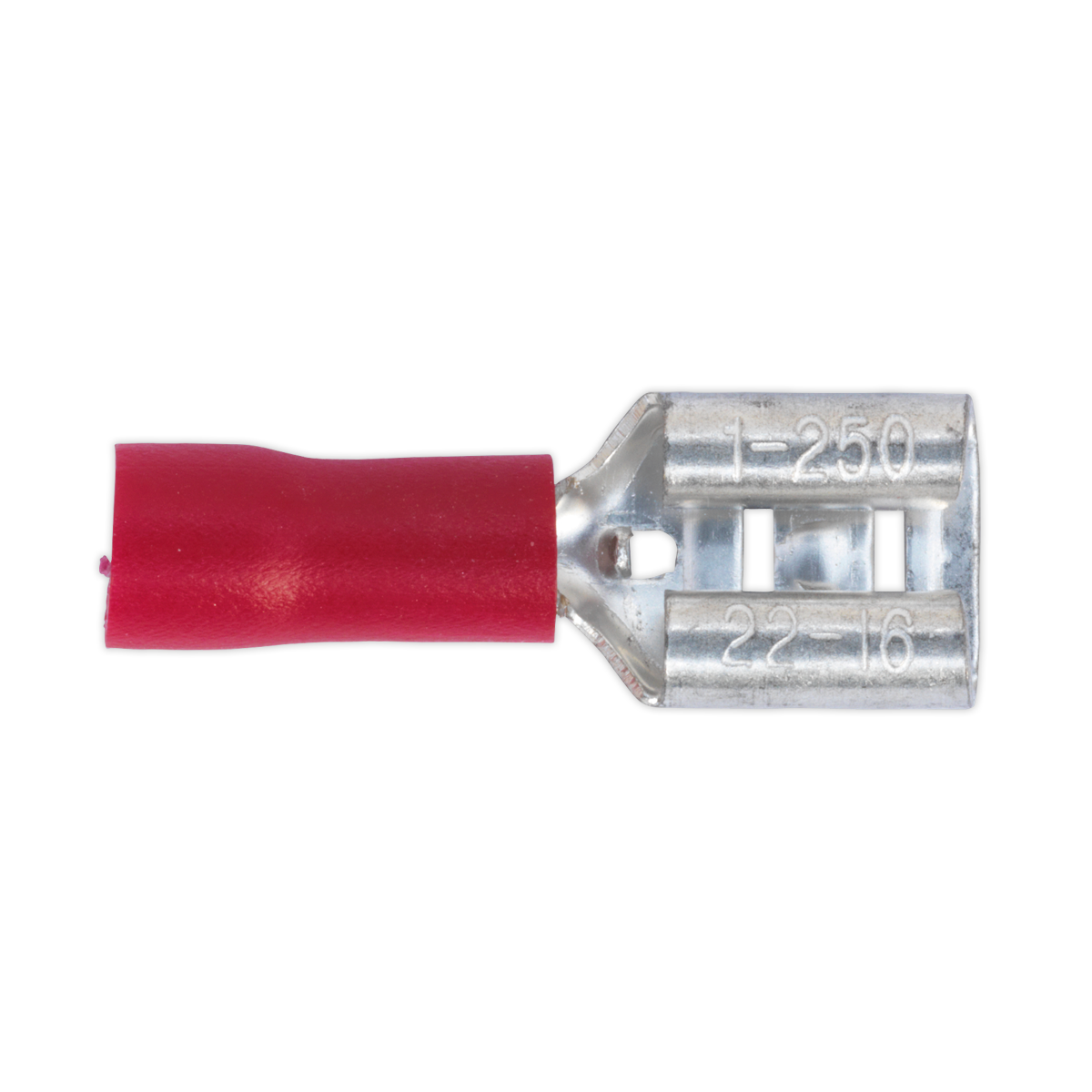 Close-up of a Sealey Push-On Terminal 6.3mm Female Red (RT21) with metal connectors, labeled "1-250" and "22-16." Suitable for cable size 22-18 AWG, available in a pack of 100.