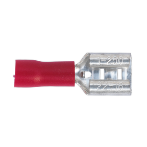 Close-up of a Sealey Push-On Terminal 6.3mm Female Red (RT21) with metal connectors, labeled "1-250" and "22-16." Suitable for cable size 22-18 AWG, available in a pack of 100.