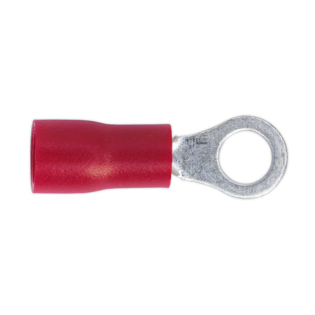 The Sealey Easy-Entry Ring Terminal Ø4.3mm (4BA) Red Pack of 100 - RT24 is a colour-coded red insulated ring terminal with an easy-entry metal loop, designed for electrical connections and suitable for cable sizes 22-18 AWG.