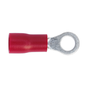 The Sealey Easy-Entry Ring Terminal Ø4.3mm (4BA) Red Pack of 100 - RT24 is a colour-coded red insulated ring terminal with an easy-entry metal loop, designed for electrical connections and suitable for cable sizes 22-18 AWG.