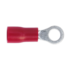 The Sealey Easy-Entry Ring Terminal Ø4.3mm (4BA) Red Pack of 100 - RT24 is a colour-coded red insulated ring terminal with an easy-entry metal loop, designed for electrical connections and suitable for cable sizes 22-18 AWG.