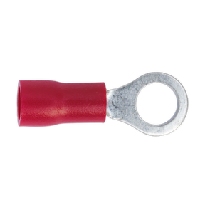 A red Easy-Entry Ring Terminal Ø5.3mm (2BA) from Sealey, designed for cable sizes 22-18 AWG, comes with an insulated metal ring for connecting electrical wires and is available in a pack of 100.