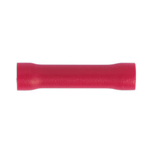 The Sealey Butt Connector Terminal Ø3.3mm Red Pack of 100 - RT29 is a cylindrical, insulated terminal designed for joining 22-18 AWG wires.