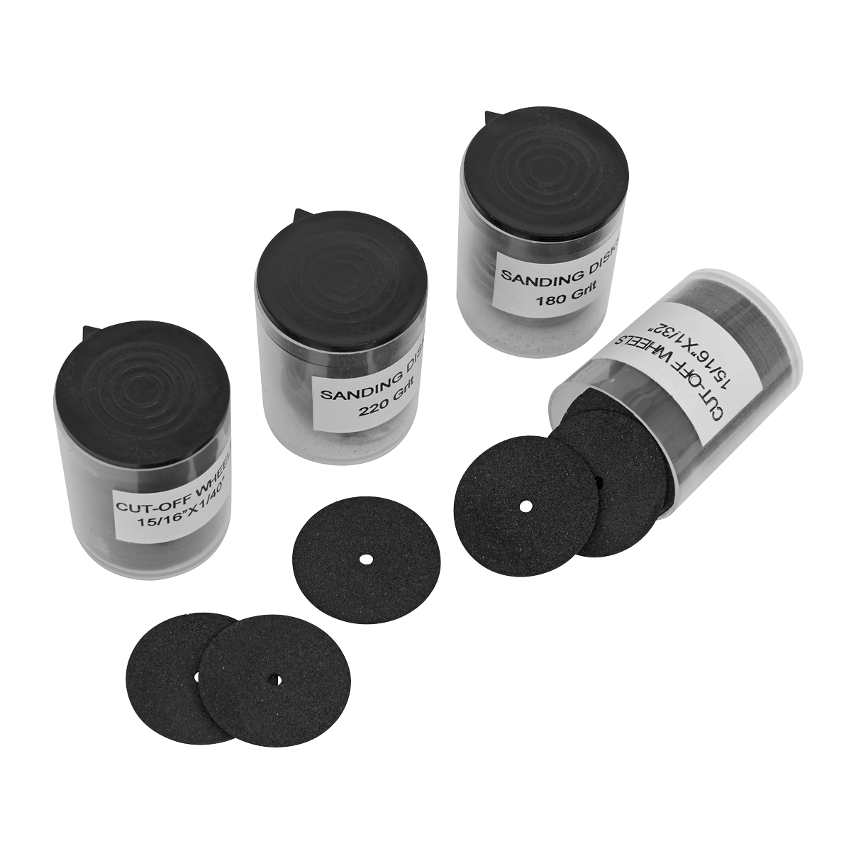 Four containers of the Sealey Rotary Tool Cutting Disc Set 138pc (RTA138CGD) with black lids, perfect for use with rotary tools. Three discs are placed in front of each container. The containers, labeled with their type and specifications, are ideal for cutting and trimming tasks.