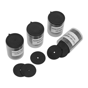 Four containers of the Sealey Rotary Tool Cutting Disc Set 138pc (RTA138CGD) with black lids, perfect for use with rotary tools. Three discs are placed in front of each container. The containers, labeled with their type and specifications, are ideal for cutting and trimming tasks.