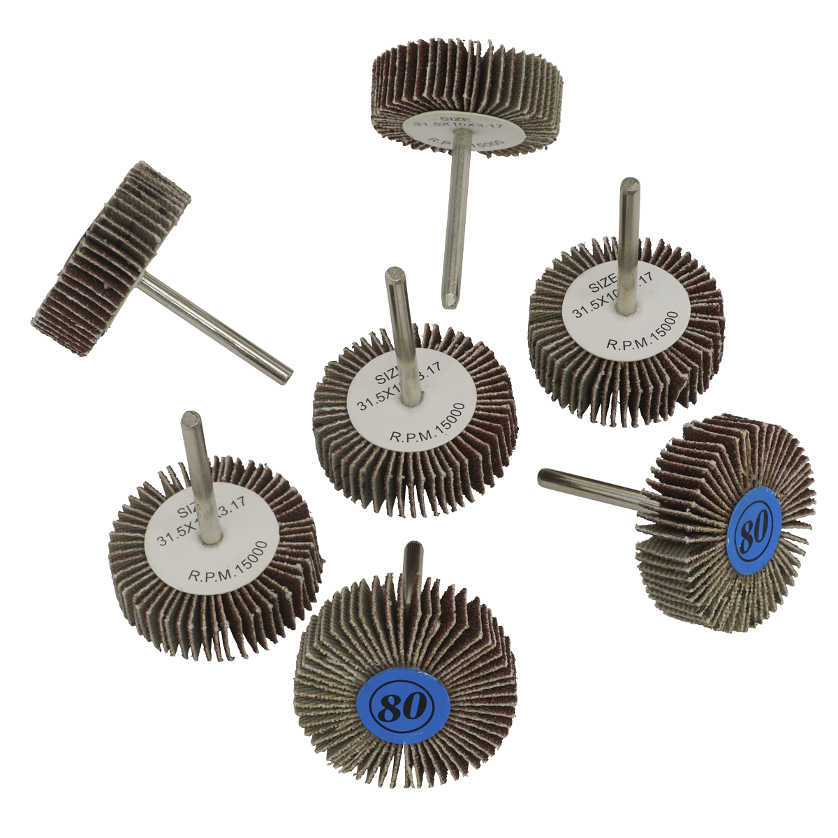 The Sealey Rotary Tool Flap Wheel Set 7pc Ø30mm - RTA7FW features seven abrasive flap wheels of different sizes, each with a central metal shaft and labeled tags displaying their specifications, making it perfect for use with die grinders in surface treatment tasks.