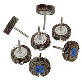 The Sealey Rotary Tool Flap Wheel Set 7pc Ø30mm - RTA7FW features seven abrasive flap wheels of different sizes, each with a central metal shaft and labeled tags displaying their specifications, making it perfect for use with die grinders in surface treatment tasks.