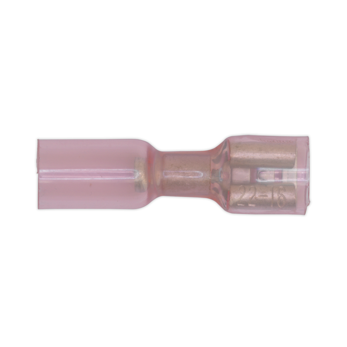 A red Heat Shrink Push-On Terminal 6.4mm Female connector from Sealey, designed for joining electrical wires and suitable for cable sizes 22-18 AWG, available in a pack of 25 (RTSPF25).