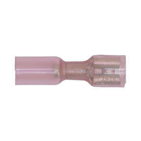 A red Heat Shrink Push-On Terminal 6.4mm Female connector from Sealey, designed for joining electrical wires and suitable for cable sizes 22-18 AWG, available in a pack of 25 (RTSPF25).