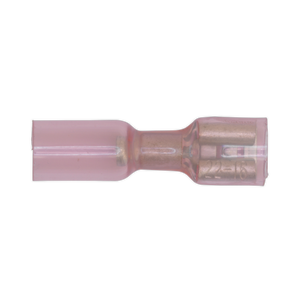 A red Heat Shrink Push-On Terminal 6.4mm Female connector from Sealey, designed for joining electrical wires and suitable for cable sizes 22-18 AWG, available in a pack of 25 (RTSPF25).