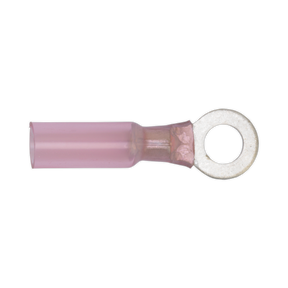 The Sealey Heat Shrink Ring Terminal Ø6.4mm Red Pack of 25 - RTSR2564 is an insulated red ring terminal designed for cable sizes 22-18 AWG, featuring a metal ring connector on one end.