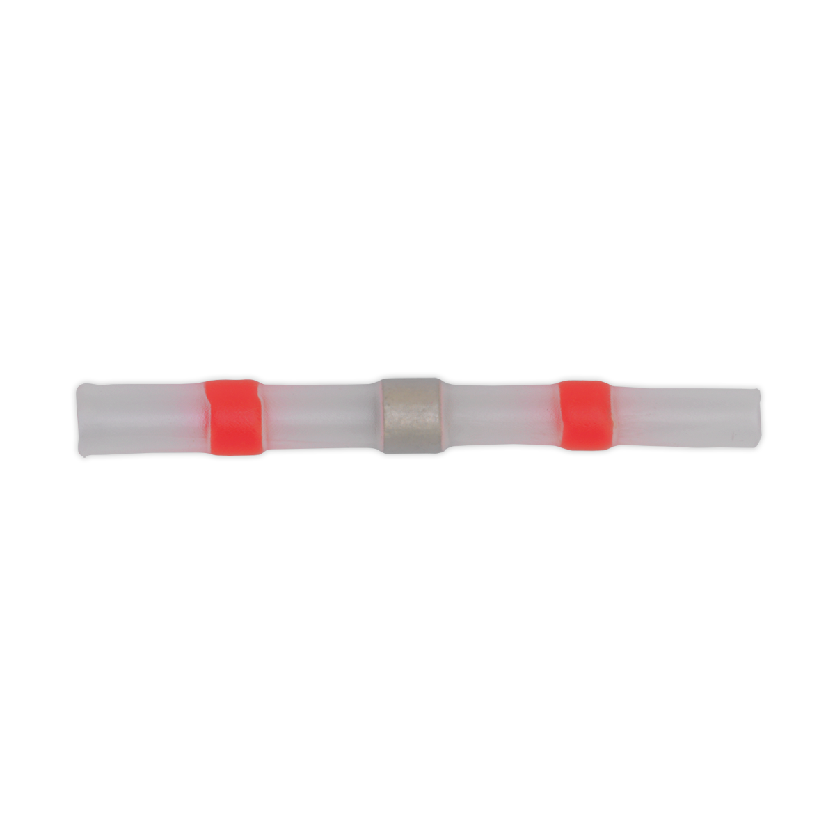 The Sealey Heat Shrink Butt Connector Solder Terminal 22-18 AWG Red Pack of 25 (RTSSB25) features transparent heat shrink tubing with two red color-coded bands and a silver metal ring in the center, ensuring reliable connections.