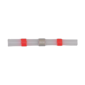 The Sealey Heat Shrink Butt Connector Solder Terminal 22-18 AWG Red Pack of 25 (RTSSB25) features transparent heat shrink tubing with two red color-coded bands and a silver metal ring in the center, ensuring reliable connections.