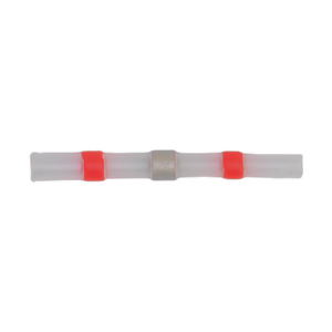 The Sealey Heat Shrink Butt Connector Solder Terminal 22-18 AWG Red Pack of 25 (RTSSB25) features transparent heat shrink tubing with two red color-coded bands and a silver metal ring in the center, ensuring reliable connections.