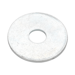 A close-up image of the Sealey Repair Washer M10 x 30mm Zinc Plated (Pack of 50) - RW1030, featuring a central hole. These washers, typically used with bolts and screws to distribute load, are provided in a resealable bag for easy storage and organization.
