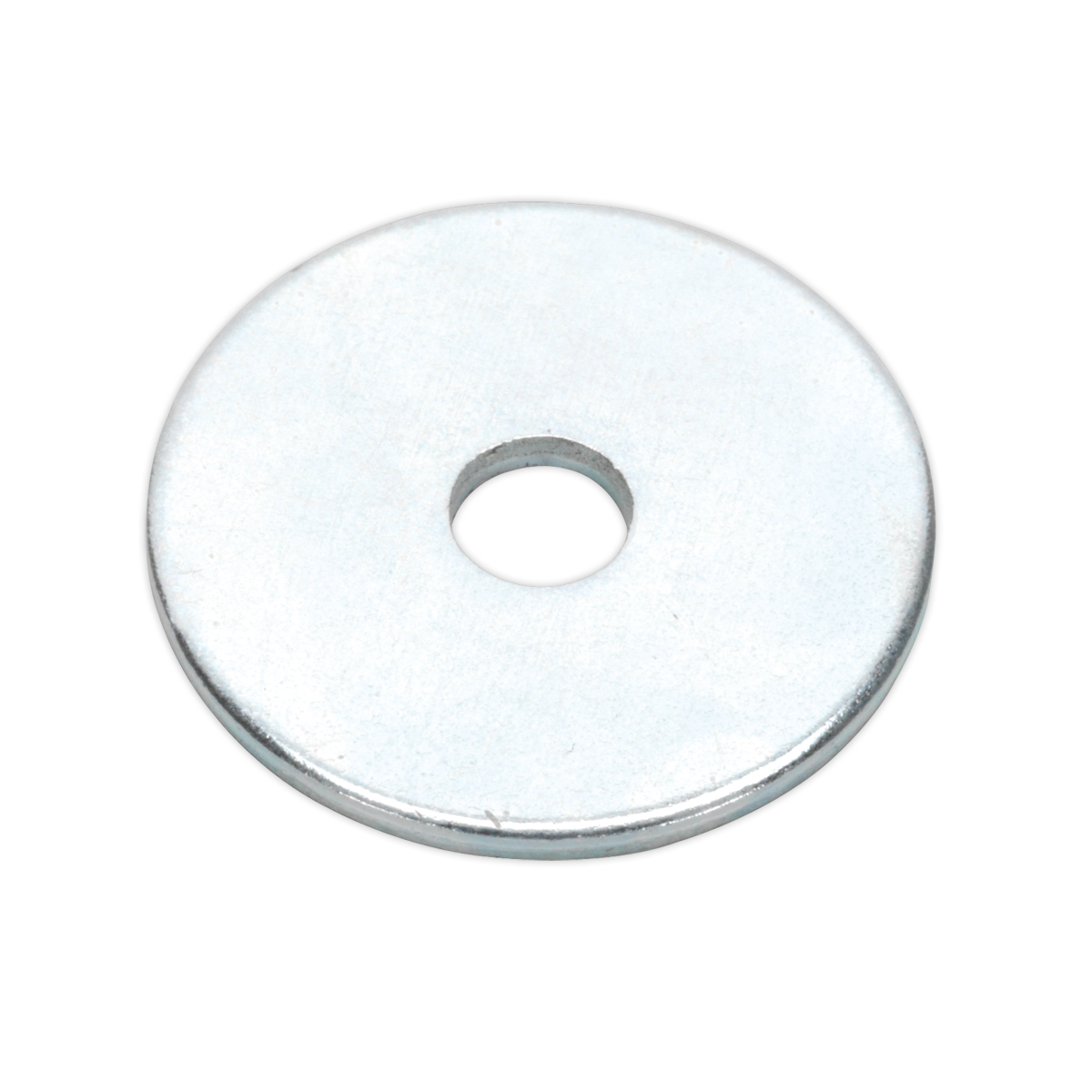 A large, flat metal washer with a central hole, specifically the Sealey Repair Washer M5 x 19mm Zinc Plated (Pack of 100), item number RW519, comes packed in a resealable bag.