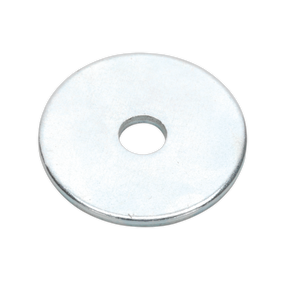 A large, flat metal washer with a central hole, specifically the Sealey Repair Washer M5 x 19mm Zinc Plated (Pack of 100), item number RW519, comes packed in a resealable bag.