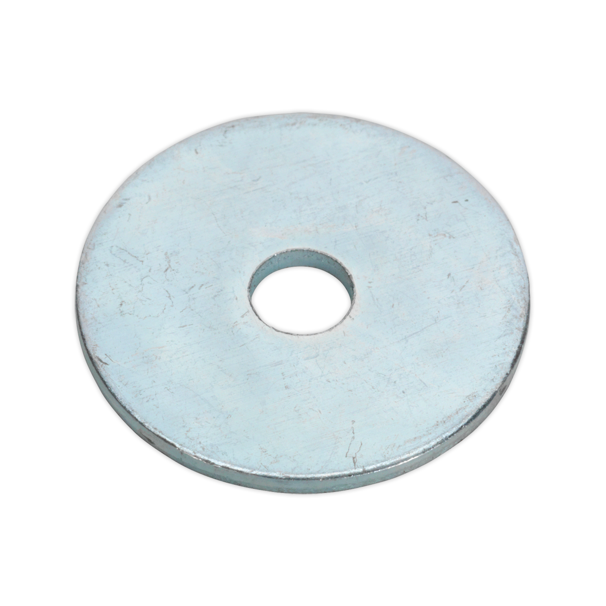 The Sealey Repair Washer M5 x 25mm Zinc Plated Pack of 100 - RW525 consists of zinc-plated washers with a flat, metallic design and a central hole, ideal for distributing load in mechanical assemblies.