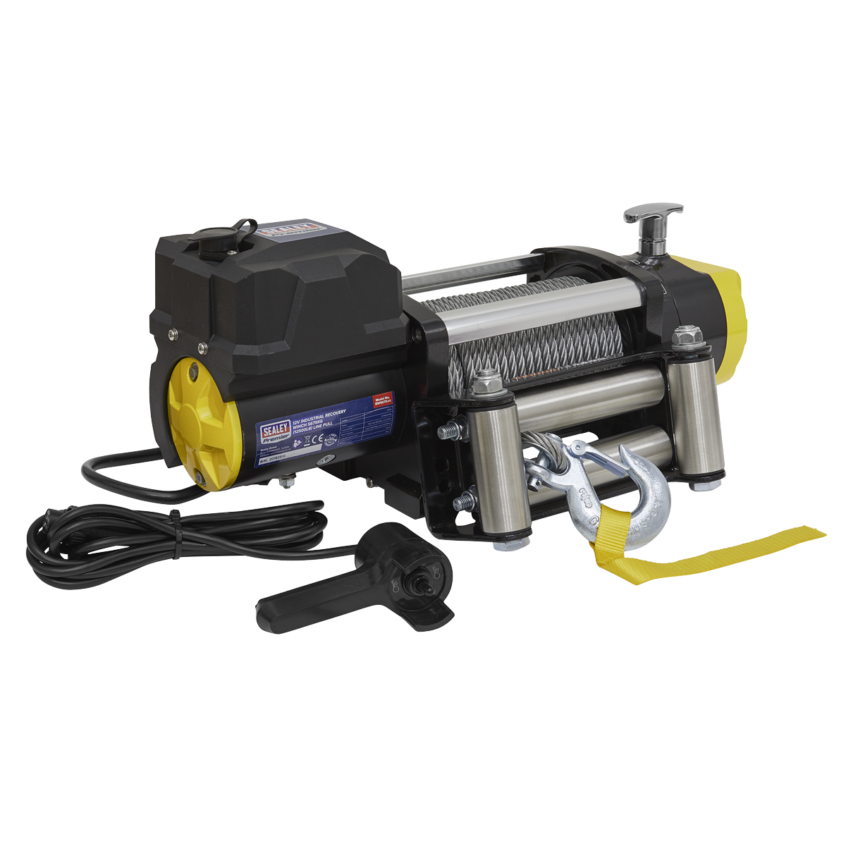 The Sealey Recovery Winch 5675kg (12500lb) Line Pull 12V Industrial - RW5675 comes equipped with a high-power motor, cable spool, hook, and power cord. This electric winch features a black and yellow heavy-duty housing with an attached control switch, making it ideal for industrial recovery tasks.