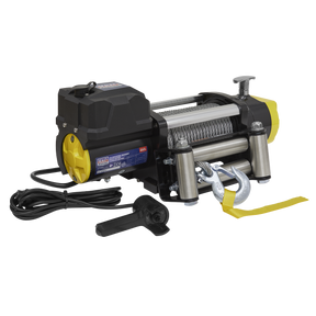 The Sealey Recovery Winch 5675kg (12500lb) Line Pull 12V Industrial - RW5675 comes equipped with a high-power motor, cable spool, hook, and power cord. This electric winch features a black and yellow heavy-duty housing with an attached control switch, making it ideal for industrial recovery tasks.