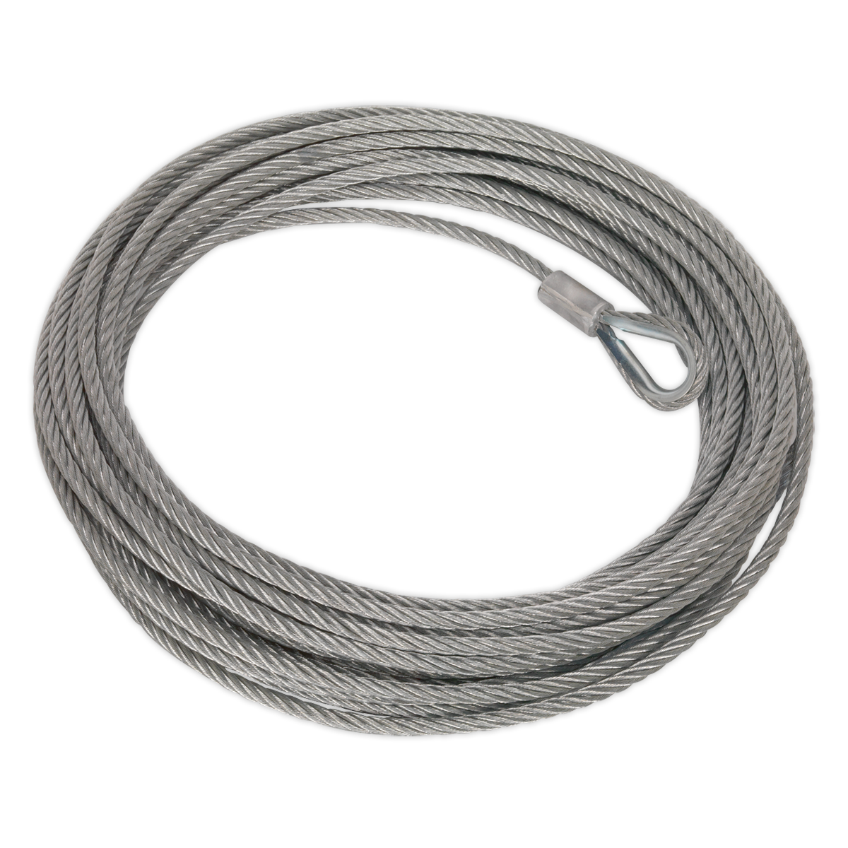 A coiled steel cable with an attached looped end fitting, the Sealey Wire Rope (Ø13mm x 25m) for RW8180 - RW8180.WR serves as a reliable recovery winch wire rope.