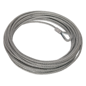 A coiled steel cable with an attached looped end fitting, the Sealey Wire Rope (Ø13mm x 25m) for RW8180 - RW8180.WR serves as a reliable recovery winch wire rope.