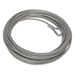 A coiled steel cable with an attached looped end fitting, the Sealey Wire Rope (Ø13mm x 25m) for RW8180 - RW8180.WR serves as a reliable recovery winch wire rope.