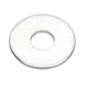 A close-up image of a Sealey Repair Washer M8 x 25mm Zinc Plated (Pack of 100 - RW825), showcasing its circular hole in the center. The slightly scratched surface adds character. Packaged in a resealable bag.