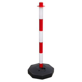 The Sealey Red/White Post with Base - RWPB01, featuring a black octagonal base, serves as an essential safety barrier, ideal for areas frequented by hybrid or electric vehicles.
