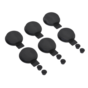 Six black plastic castor wheels with locking mechanisms are arranged in two rows alongside the Sealey Cap & Bung Set 12pc - RWPB01CS.