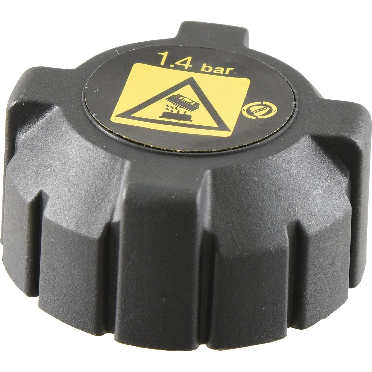 A black Radiator Cap - S.140977 from Sparex, featuring a yellow warning label indicating a 1.4 bar pressure limit, along with caution symbols and manufacturer information.