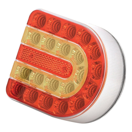 Close-up of the Sparex Rear Lights for Connix Lighting Sets LH (Magnetic) - S.143235, showcasing a red and amber LED taillight with a white border, featuring a semi-circular design and a textured surface, ideal for modern automotive designs.