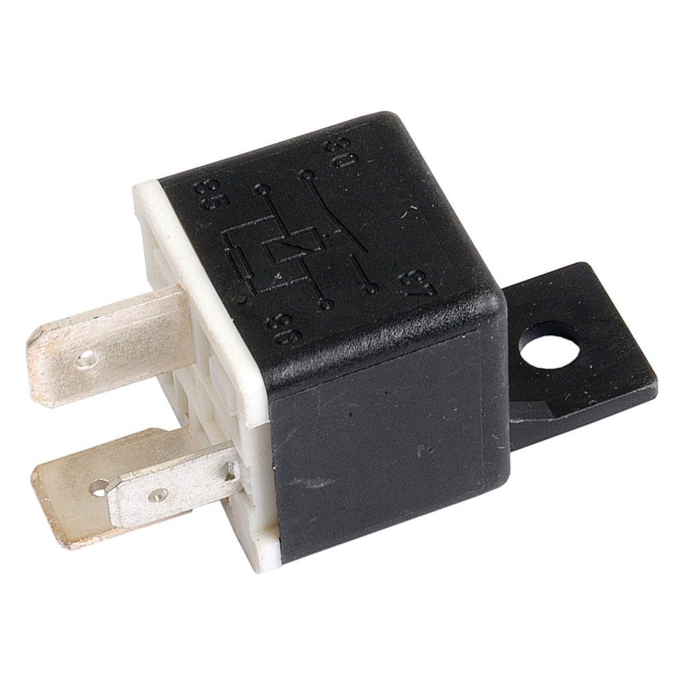 A black and white automotive relay with metal prongs, featuring a Relay-Safety Start schematic diagram on the top. This 12V-70A relay, known as the Relay | Sparex Part No.S.57344 from the brand Sparex, is compatible with International Harvester vehicles.